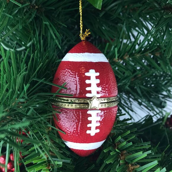 Football Sports Porcelain Hinged Surprise Gift Trinket Box Christmas Ornament - Picture 1 of 5